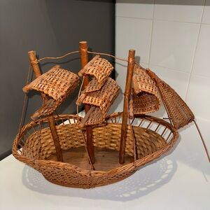 Vintage Woven Rattan Sailboat Basket - Natural Brown